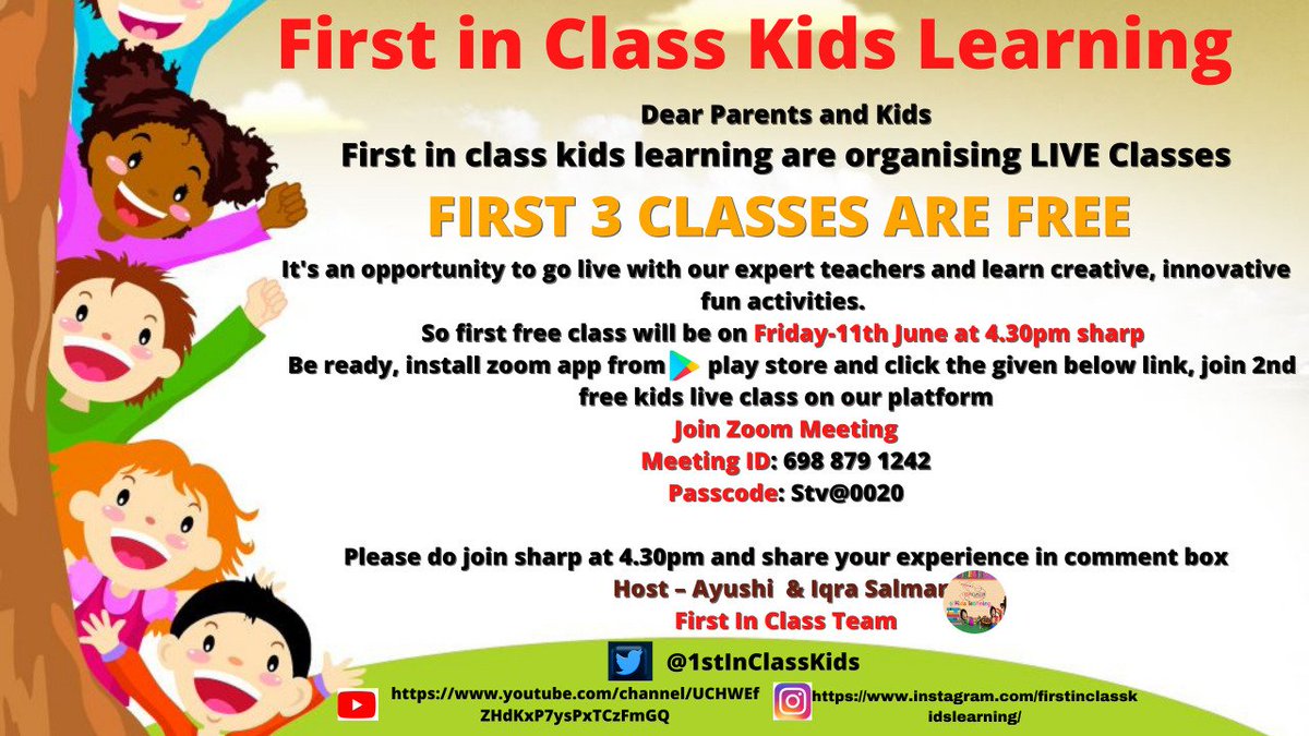 IndiaNewsUP_UK's tweet photo. #FreeOnlineClassForKids #KidsOnlineActivityClass #FreeLiveWorkshopForKids #Firstinclasskidslearning
Join Zoom Meeting (11th June, Friday 4.30pm)
Meeting ID: 698 879 1242 Passcode: Stv@0020
@indianewsraj1
@indianewsmp
@IndiaNewsUP_UK
@IndiaNewsPunjab
@in_gujarati https://t.co/SD07JJF88u