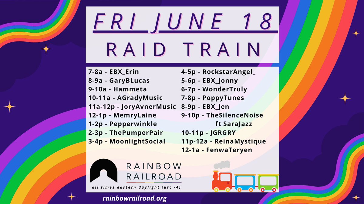 🏳️‍🌈🚂MARK YOUR CALENDARS🏳️‍🌈🚂 <a href="/RainbowRailroad/">Rainbow Railroad</a> ~ @GaryLucasUK <a href="/HammetaTwitch/">HammetaTV</a> @aarpie100 @JoryAvner <a href="/Pepperwinkles/">Pepper</a> <a href="/MoonlightSocial/">Moonlight Social</a> @RockstarAngeI_ <a href="/ebx_jonny/">Jonny Neville</a> <a href="/WonderTruly/">Wonder Truly 🔥🏳️‍🌈</a> <a href="/ebx_jen/">jen🖤🤍💜cis/she/her/demi</a> <a href="/thesilencenoise/">The Silence Noise</a> <a href="/sarajazz_/">SaraJazz</a> <a href="/jgrgrymusic/">J GRGRY</a> <a href="/reinamystique/">hiReina</a> @FenwaTeryen