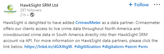 crimeometer's tweet photo. We're thrilled to be partners with HawkSight SRM Ltd. Building a safer world together #makingcrimevisible #crimeometer #partners
https://t.co/PzSucP71mI https://t.co/QURrC7W66A