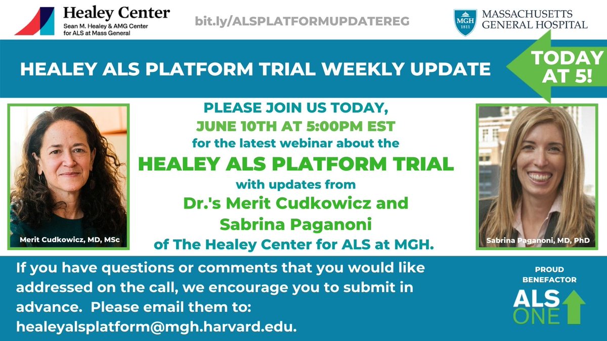 alsone_official's tweet photo. Looking for the latest on the #ALS #Healey #PlatformTrial ? Perfect timing! Join us tonight at 5pm EST for all the updates with @MeritCudkowicz & @PaganoniMDPhD of @MGHNeurology Register for free at: https://t.co/tUAcOwblwG #Unity #HealeyHope #EndALS #ALSONE let's make #ALSDONE https://t.co/Yhu2FlFuzs
