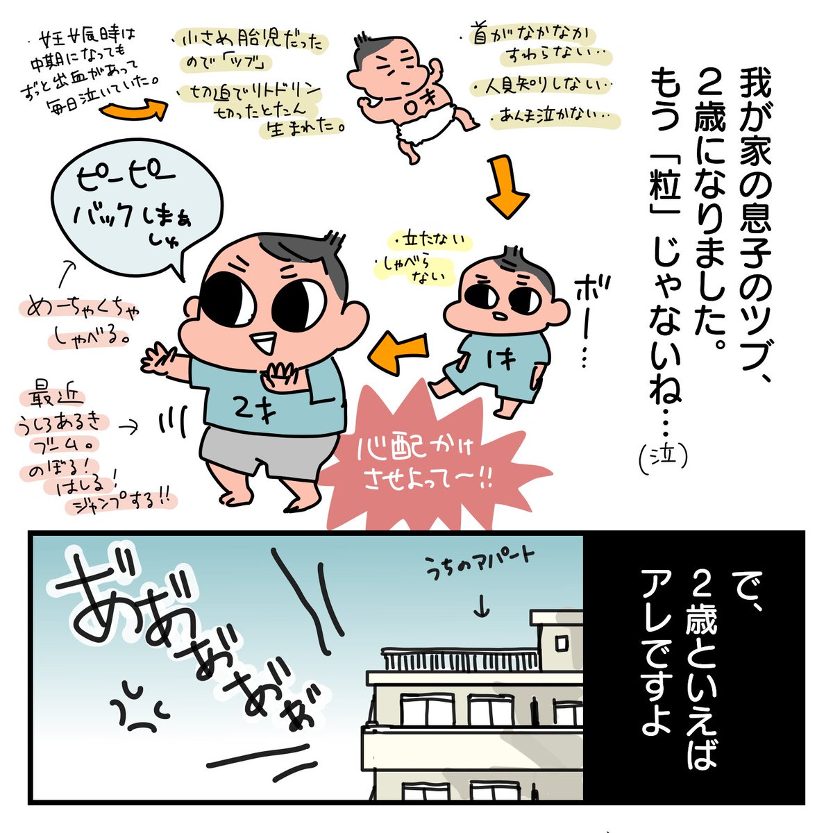 育児漫画。
先日、息子が2歳になりました。もう「大粒」だよ!そして2歳といえば恐怖の○○○○○期だ!

#育児漫画 #2歳 #誕生日 