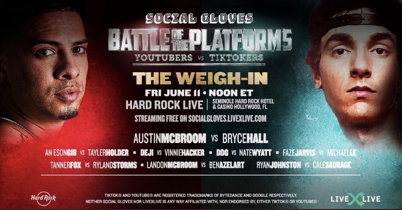 O Xrhsths Youtube Boxing Sto Twitter Announced The Youtubers Vs Tiktokers Weigh In Will Take Place This Friday At 12pm Et And It Ll Be At The Hard Rock Hotel And Will