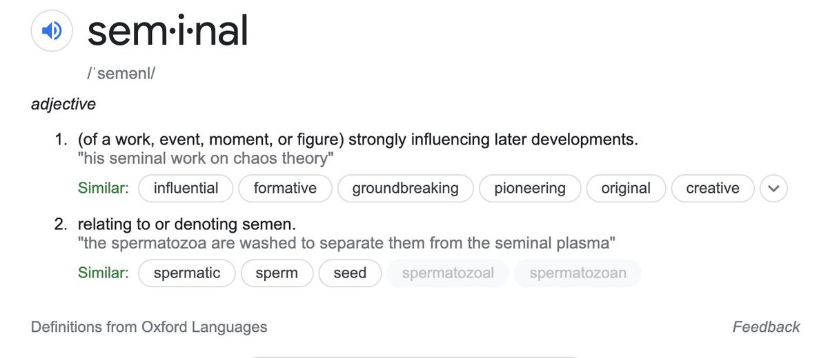 TemplierSarah's tweet photo. If foundational, influential, groundbreaking, creative, work can be "seminal", can it also be, I don't know, ovarian? Or, like, not sexed?! #languagematters https://t.co/ENvkxCVYVg