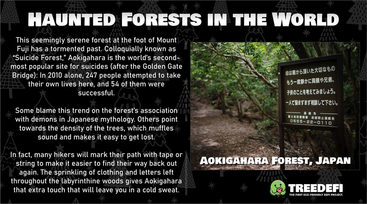 treedefi's tweet photo. 👻 Haunted Forests 👻

Aokigahara, also known as the Sea of Trees, is a forest on the northwestern flank of Japan's Mount Fuji, thriving on 30 square kilometres of hardened lava laid down by the last major eruption of Mount Fuji in 864 CE.

#BSC #Dapp #HauntedForests https://t.co/hsuKGLbsVf