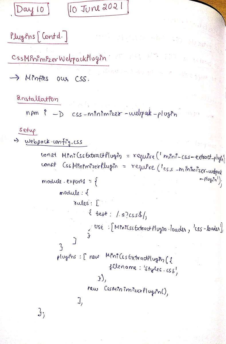 thesavvycoder's tweet image. Finished with #Day10 of #30DaysOfTypeScript challenge.
Topics Covered: Webpack 5 
👉 Minimize CSS
👉 Browser Caching
👉 Generating and customizing HTML files
👉 Production vs Development in builds
Follow for the handwritten notes.
github.com/tarunsinghdev/…
Notes 👇👇
#TypeScript