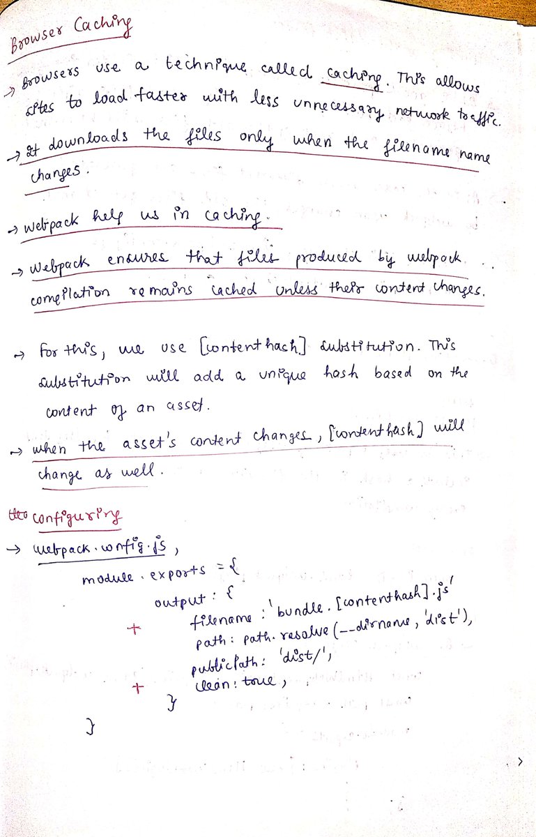 thesavvycoder's tweet image. Finished with #Day10 of #30DaysOfTypeScript challenge.
Topics Covered: Webpack 5 
👉 Minimize CSS
👉 Browser Caching
👉 Generating and customizing HTML files
👉 Production vs Development in builds
Follow for the handwritten notes.
github.com/tarunsinghdev/…
Notes 👇👇
#TypeScript