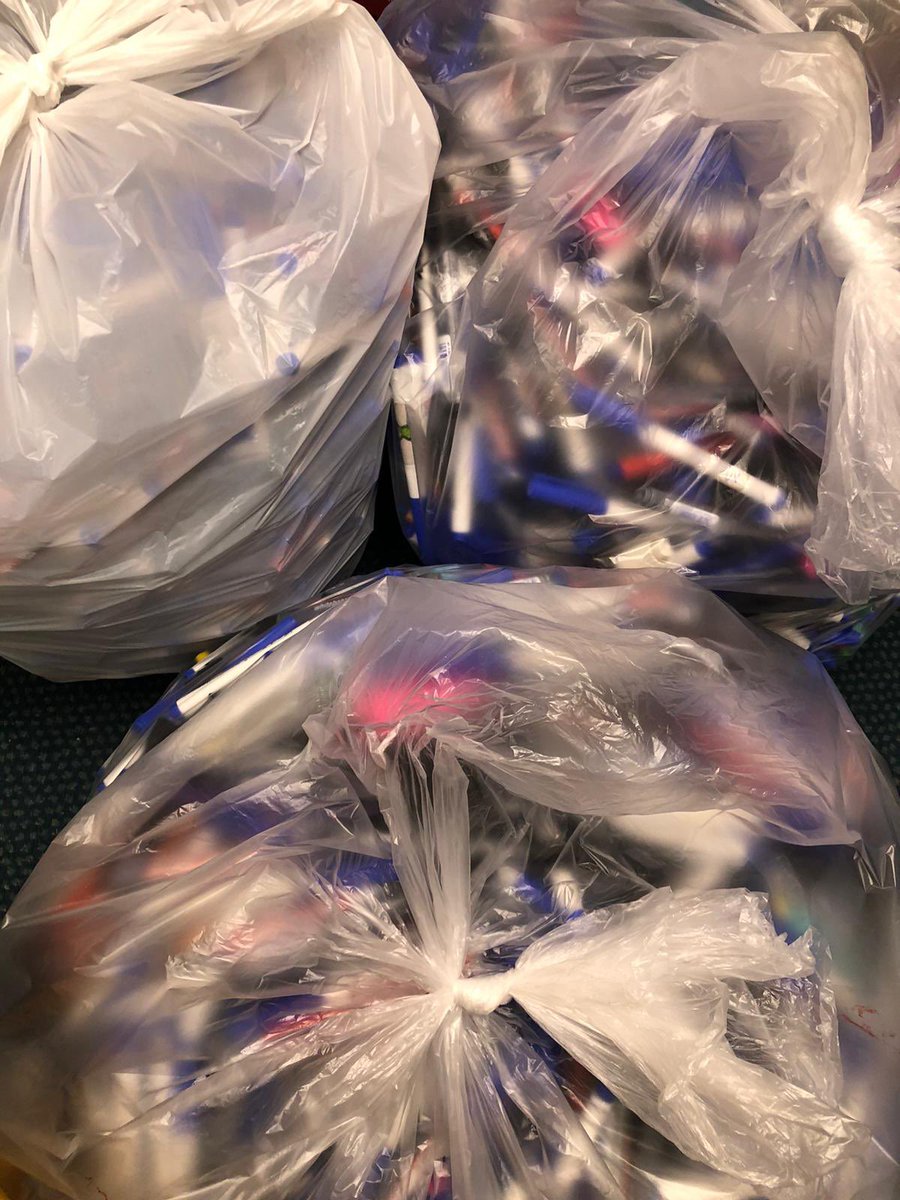 Our staff and students are great at recycling writing implements! All bagged and boxed and ready for collection tomorrow! #greenplanet #doingourbit #teachingouryouth #SayNOtoLandfil
