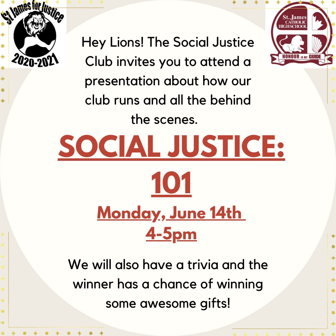 Thinking of social justice advocacy or do you simply want to learn more about our club? Well lions, we have the event for you! Join us at our Social Justice 101 seminar, where you can learn more about our work, and get a chance to win some awesome spirit wear! 
<a href="/lionsnewstoday/">St. James CHS</a>