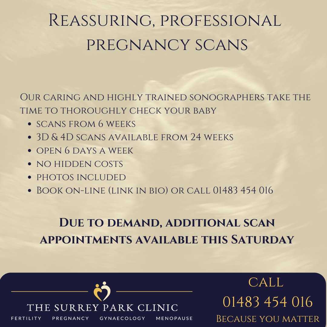 SPCGuildford's tweet photo. Due to demand we have put on some additional pregnancy scan appointments this Saturday. Every scan is special and we take the time to fully check your growing baby. Book on-line (link in bio) or call 01483 454016 #pregnancyscan #babyscan #privatebabyscan #becauseyoumatter https://t.co/xvJ4AIBMe7