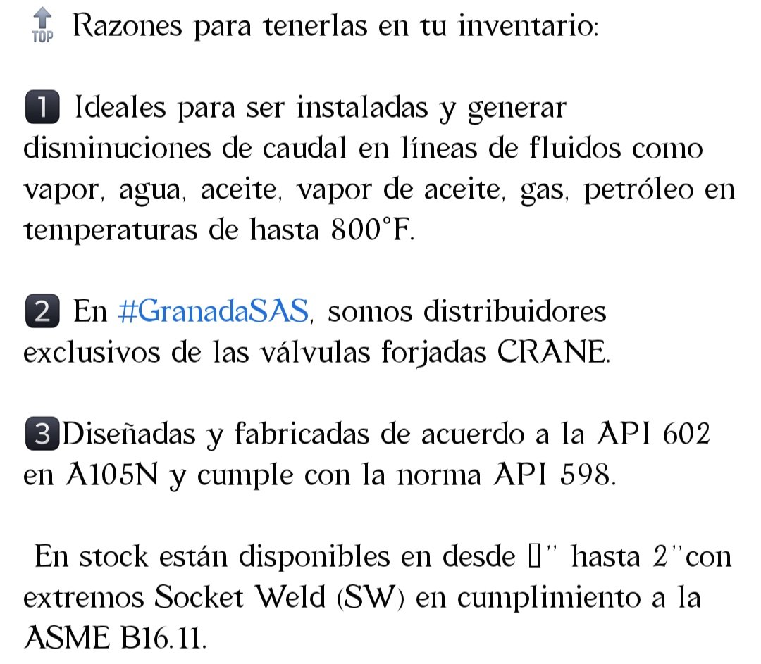 GranadaSas's tweet photo. Ideales para ser instaladas y generar disminuciones de caudal en líneas de fluidos como vapor, agua, aceite, vapor de aceite, gas, petróleo en temperaturas de hasta 800°F.
En #GranadaSAS, somos distribuidores exclusivos de las válvulas forjadas CRANE. https://t.co/0704EXCcNB