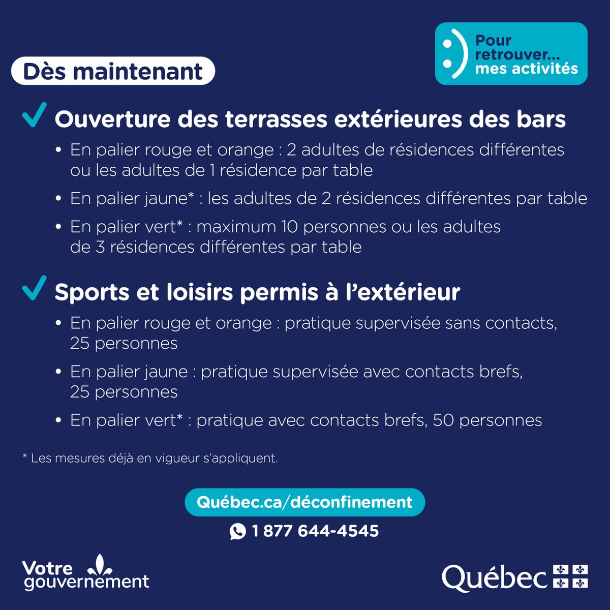 Le plan de déconfinement se poursuit grâce aux efforts des Québécois. 

D’autres assouplissements entrent en vigueur aujourd’hui!

Pour tous les détails 👇
