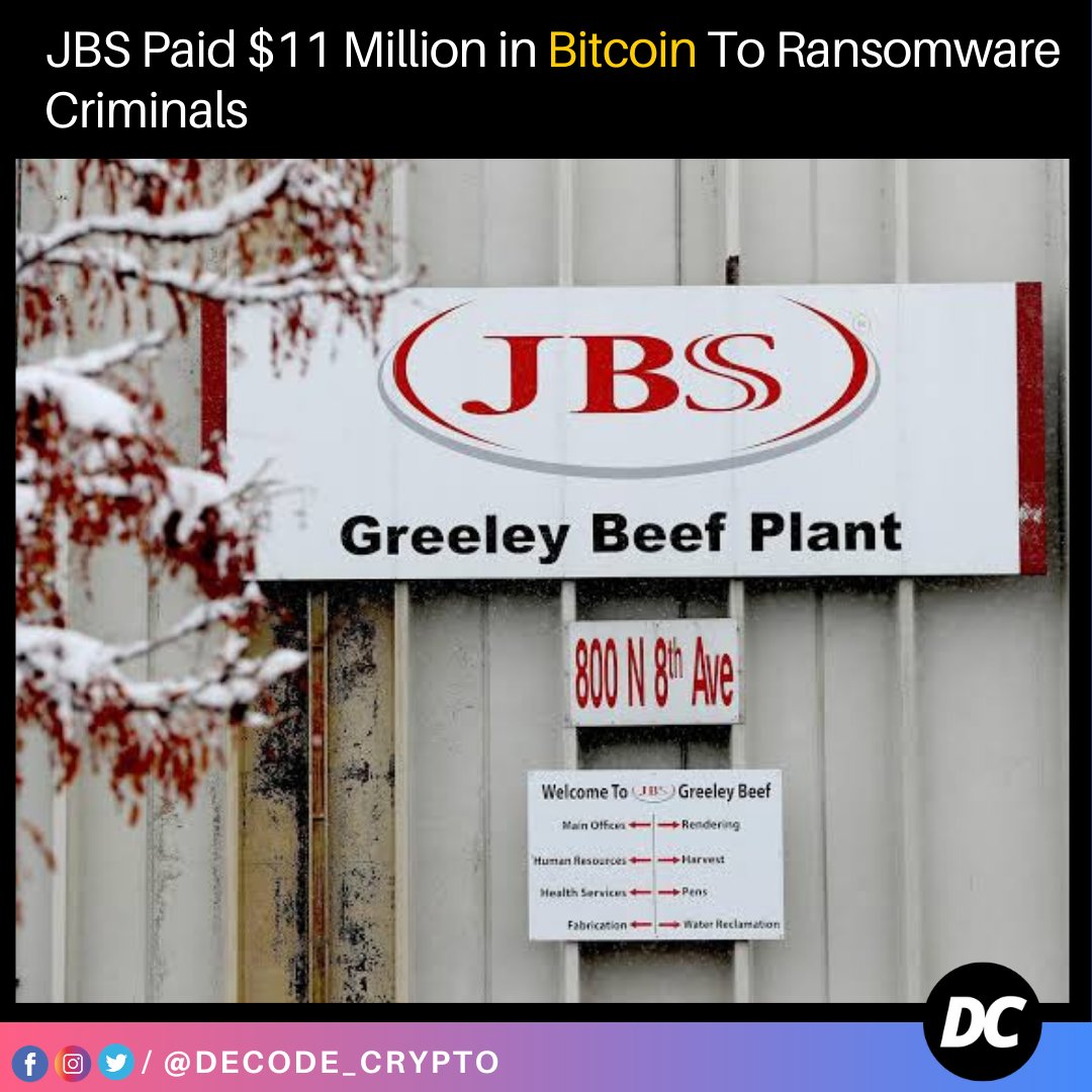 DecodeCrypto_'s tweet image. Ransomware criminals attacked JBS plants that process about 20% of America’s meat, and the company has paid $11 million to the attackers. 

#crypto #bitcoin #cryptocurrency #blockchain #btc #ethereum