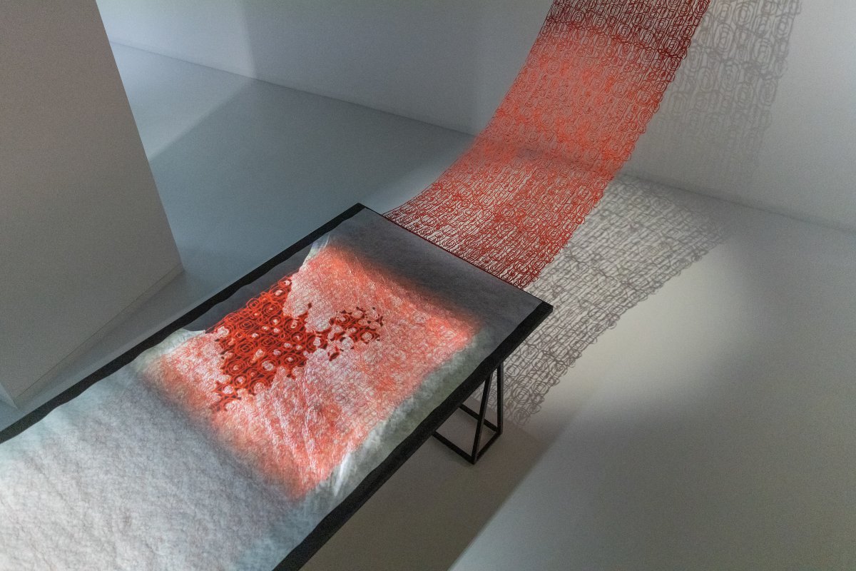 japanhouseldn's tweet photo. Stacks of rolled, thick ‘washi’ (Japanese paper) provided inspiration for this fabric designed by Sudō Reiko of textile company Nuno. See the fabric as part of the ‘Chemical Lace Embroidery: Paper Roll’ installation in our ongoing exhibition #MakingNuno: https://t.co/6K4XeO7X5U https://t.co/BVehVMsauS