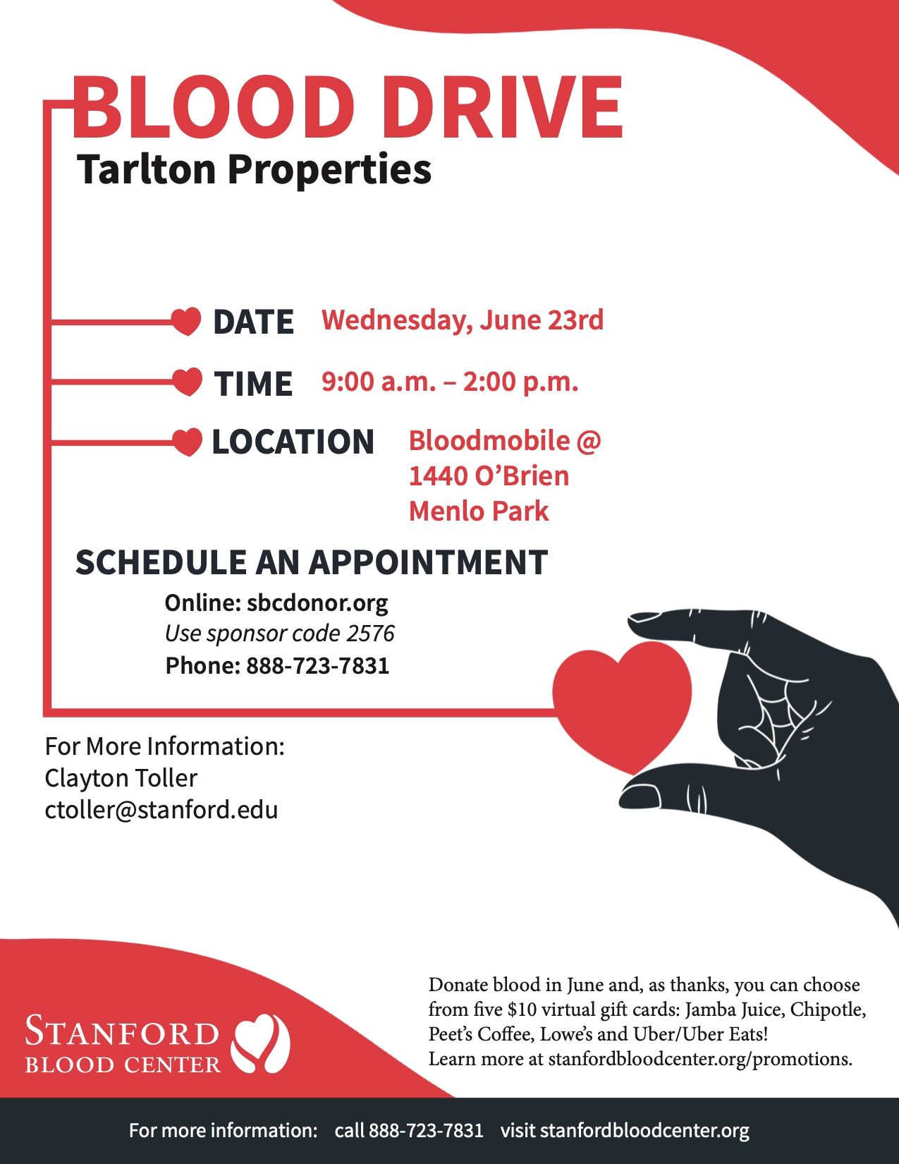 Tarlton Properties on Twitter: "Join us for the next blood drive at Menlo  Park Labs, in collaboration with Stanford Blood Center on Wed., 6/23!  Donate blood and, as thanks, choose a $10