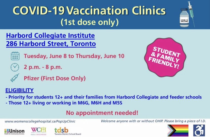 Get your first dose of the pfizer vaccine if you are 12 years or older and live or work in M6G, M6H, and M5S or attend Harbord Collegiate or any of their feeder schools.