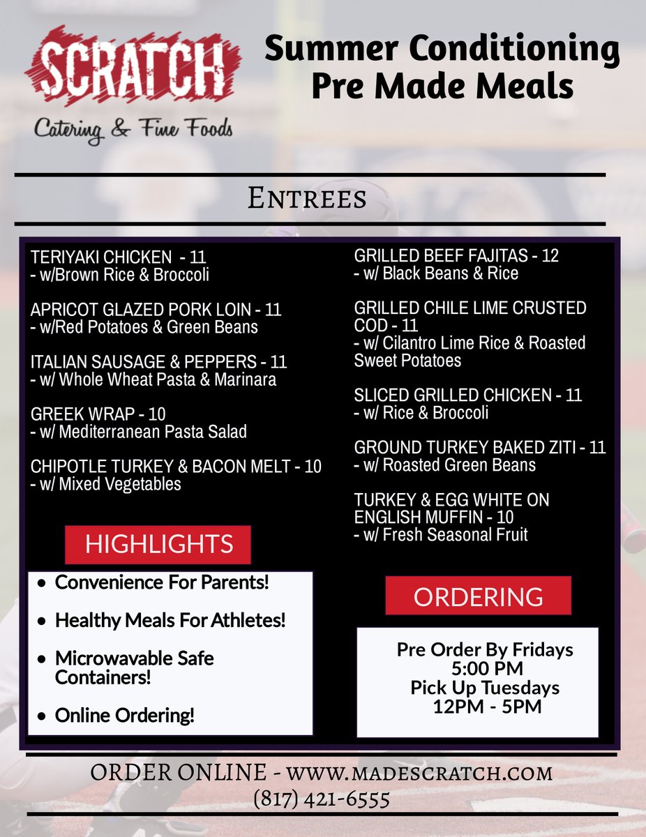 BBQ_Ted's tweet photo. Scratch Catering has pre-made meals for student athletes for Summer Conditioning.  Pre order at https://t.co/AYyoJXNAd8 
@kellerindiansfb @GHSMustangsFB  @SLCAthletics  @DragonBaseball  @CarrollDragonFB @ByronNelsonHigh @TCHSFootball @GoFaithLions @LCS__Football @coachrdodge https://t.co/x8U5zMhZA4
