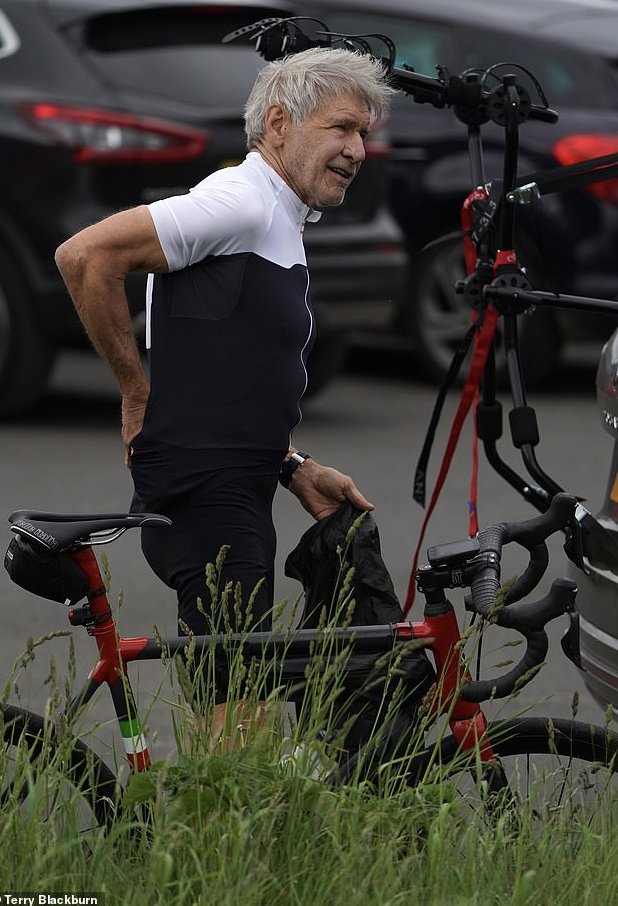 Harrison Ford, 78, spotted looking awesome last Thursday in UK, where he's shooting Indian Jones 5 (pictured with the sweet Colnago he got at Helen's in Santa Monica).