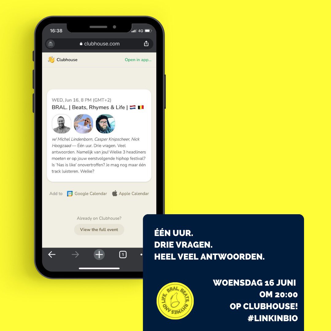 Volgende week woensdag op Clubhouse jullie antwoorden op deze vragen:

🎪  Welke 3 headliners moeten er op jouw eerstvolgende hiphop festival?

💿  Is ‘Nas is like’ Preemo’s beste beat ooit?

1️⃣ Voor de rest van je leven. Één track. Welke? 

Link 👉: clubhouse.com/event/M8Bjralw