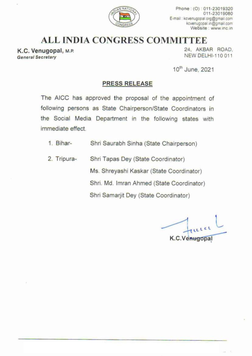 बिहार कांग्रेस के सोशल मीडिया डिपार्टमेंट के चेयरमैन बनने पर सौरभ सिन्हा जी को बधाई व हार्दिक शुभकामनाएं। @Saurrabhinc