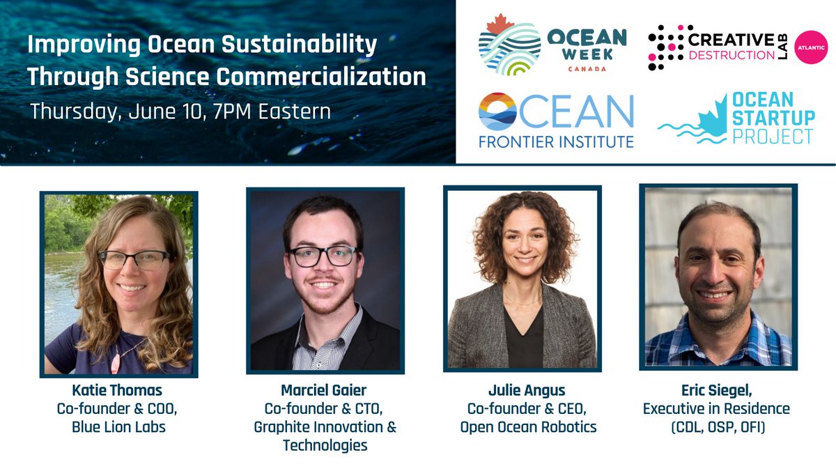 Happening tonight, 7pm EDT! Ce soir à 19h HAE!

Register now / Inscrivez-vous maintenant :

➡️➡️bit.ly/3pGEthk

<a href="/creativedlab/">Creative Destruction Lab (CDL)</a> @OFIgovResearch <a href="/OceanStartup/">Ocean Startup Project • Projet Startup Des Océans</a> <a href="/bluelionlabs/">Blue Lion Labs</a> @GIT_Graphene <a href="/OceanRobotics/">Open Ocean Robotics</a> 
#OWC2021 #SDO2021 #OceanDecadeCanada #DécennieOcéanCanada