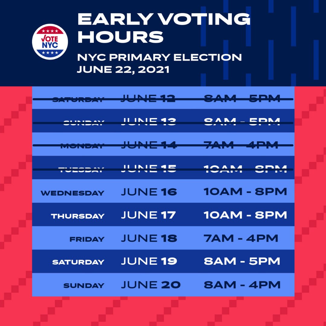 It's a great day to Vote Early in the Primary Election! Polls are open today from 10 a.m. - 8 p.m. Visit vote.nyc for wait times and find your poll site here: bit.ly/31Uvu11 #VoteNYC