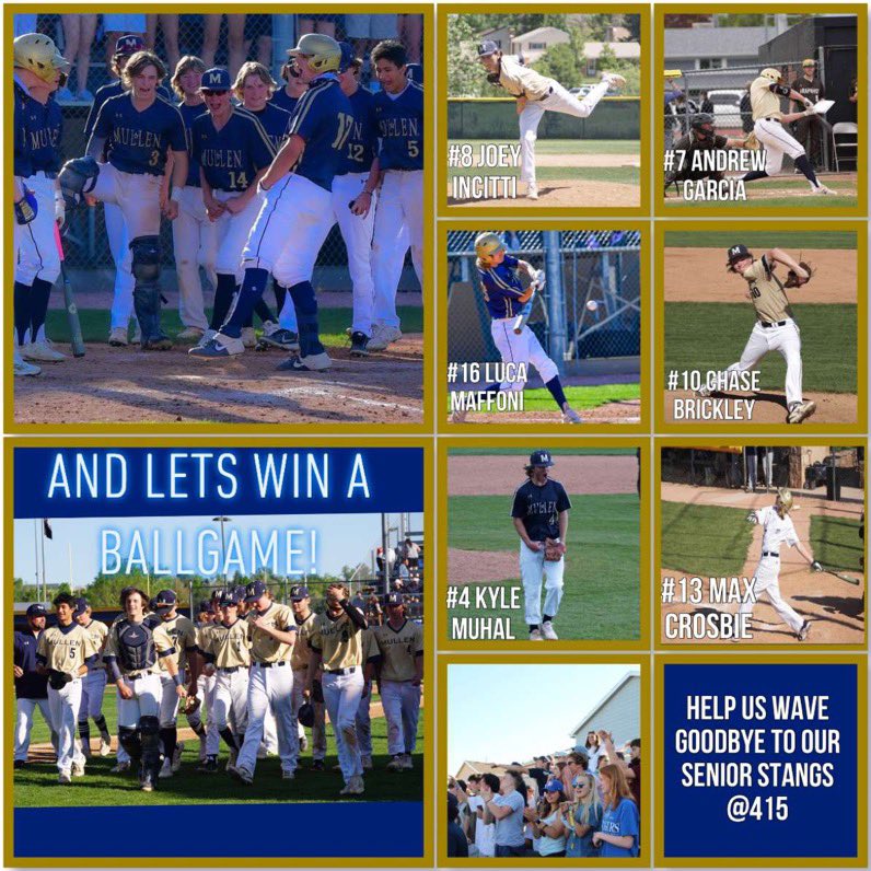 Mullen Baseball (@mullenbaseball) on Twitter photo Senior day today! Come out and watch the senior Stangs as they go for a share of the league title! Senior celebration is at 3:45 followed by first pitch at 4:15 <a href="/Stormin__stangs/">Stormin’ Stangs</a> Senior day today! Come out and watch the senior Stangs as they go for a share of the league title! Senior celebration is at 3:45 followed by first pitch at 4:15 <a href="/Stormin__stangs/">Stormin’ Stangs</a>