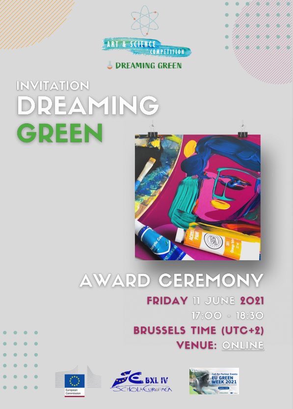 “Dreaming Green” Art-Science competition creations from collaboration European Schools and <a href="/REA_research/">European Research Executive Agency</a> as #EUGreenWeek partner event. Proud to host Award ceremony June 11, 17h in Brussels. 
Details to join here: eeb4.be/blog/2021/06/0…