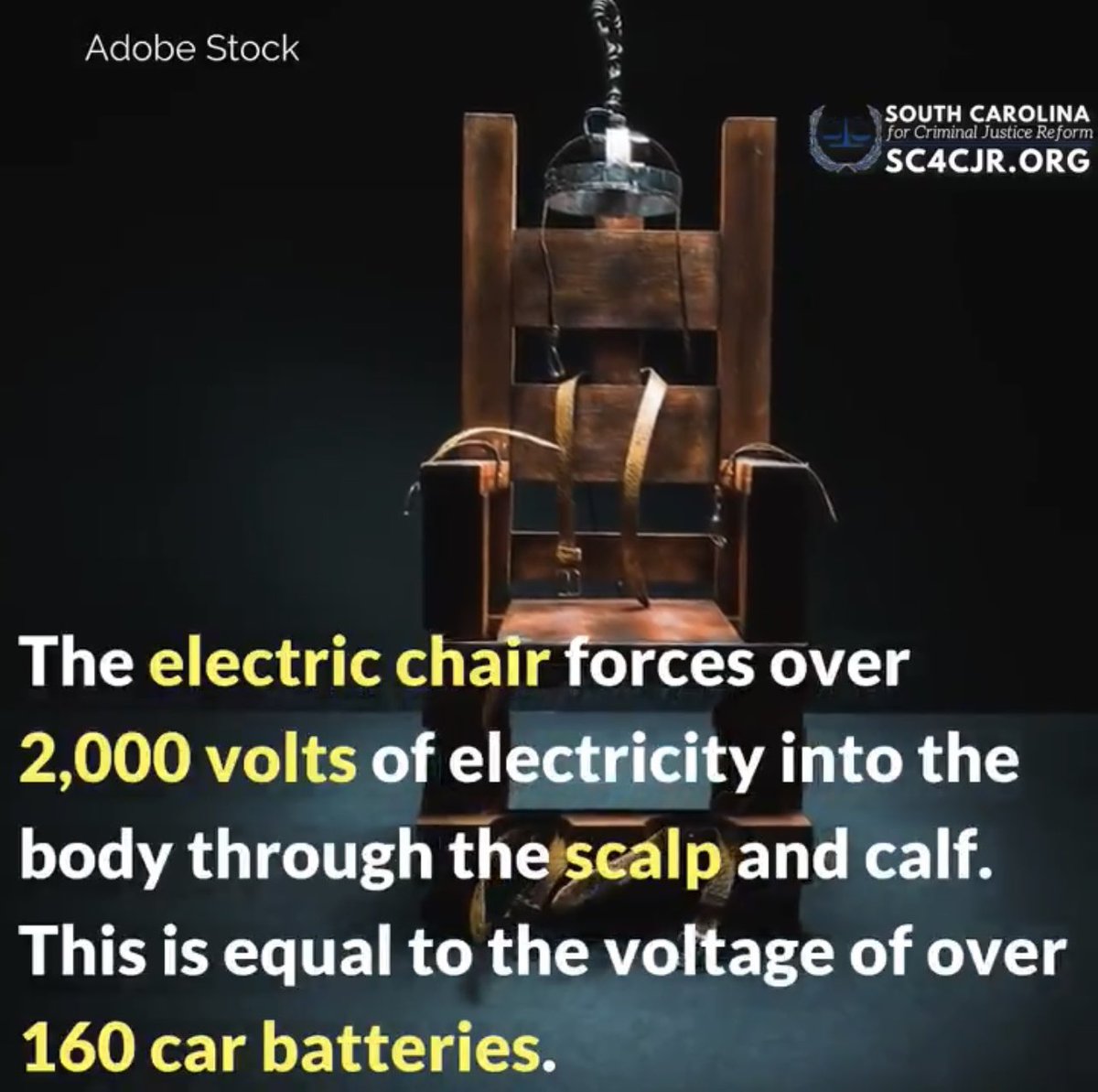 Sc4Cjr's tweet photo. South Carolina will be breaking out its 109 year old electric chair on June 18.  This will be SC’s first execution since 2011 and the first time in modern history that a state will be forcing electrocution, instead of offering lethal injection, on a death row inmate. https://t.co/PSA5QiGUl4