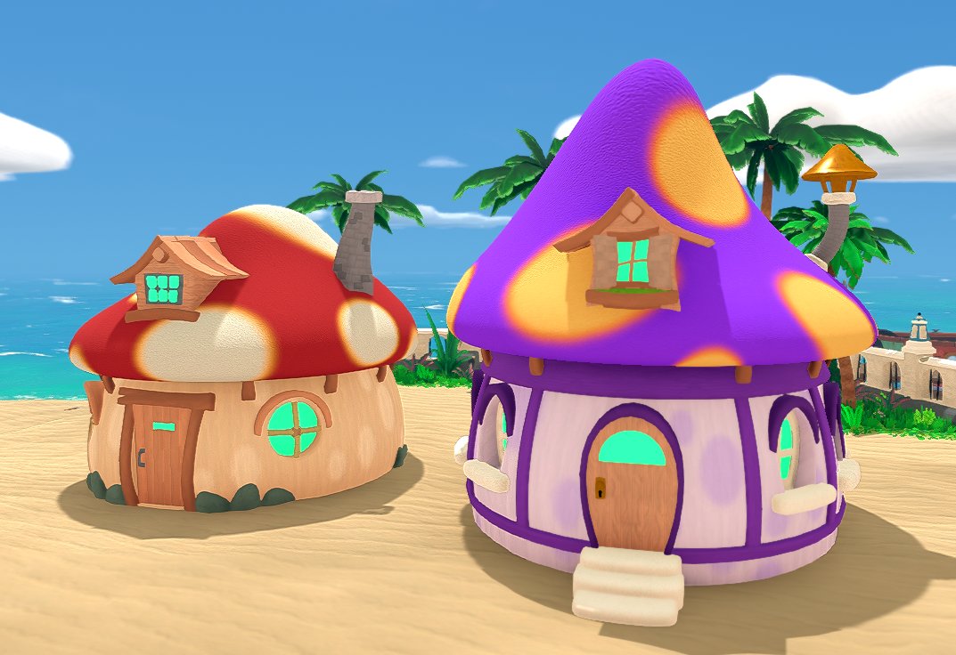 Some mushroom houses we've been working on to fill out a new island chain we are working on. Trying out sort of a squish &amp; squash art style with them to give things a more cartoony look. #gamedev #indiegame #indedev