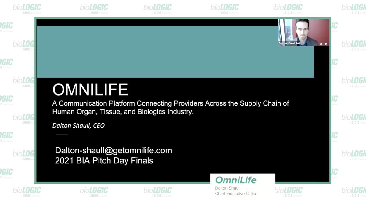 BiologicGlobal's tweet photo. It's @getomnilife up next at the #2021BIA Pitch Day Finals! OmniLife is a B2B health-IT platform for the allotransplant /human biologics market. Their comms network + smart workflow system helps increase organ, tissue &amp; cell availability &amp; reduces waste by streamlining logistics! https://t.co/zmrfNxDQBr