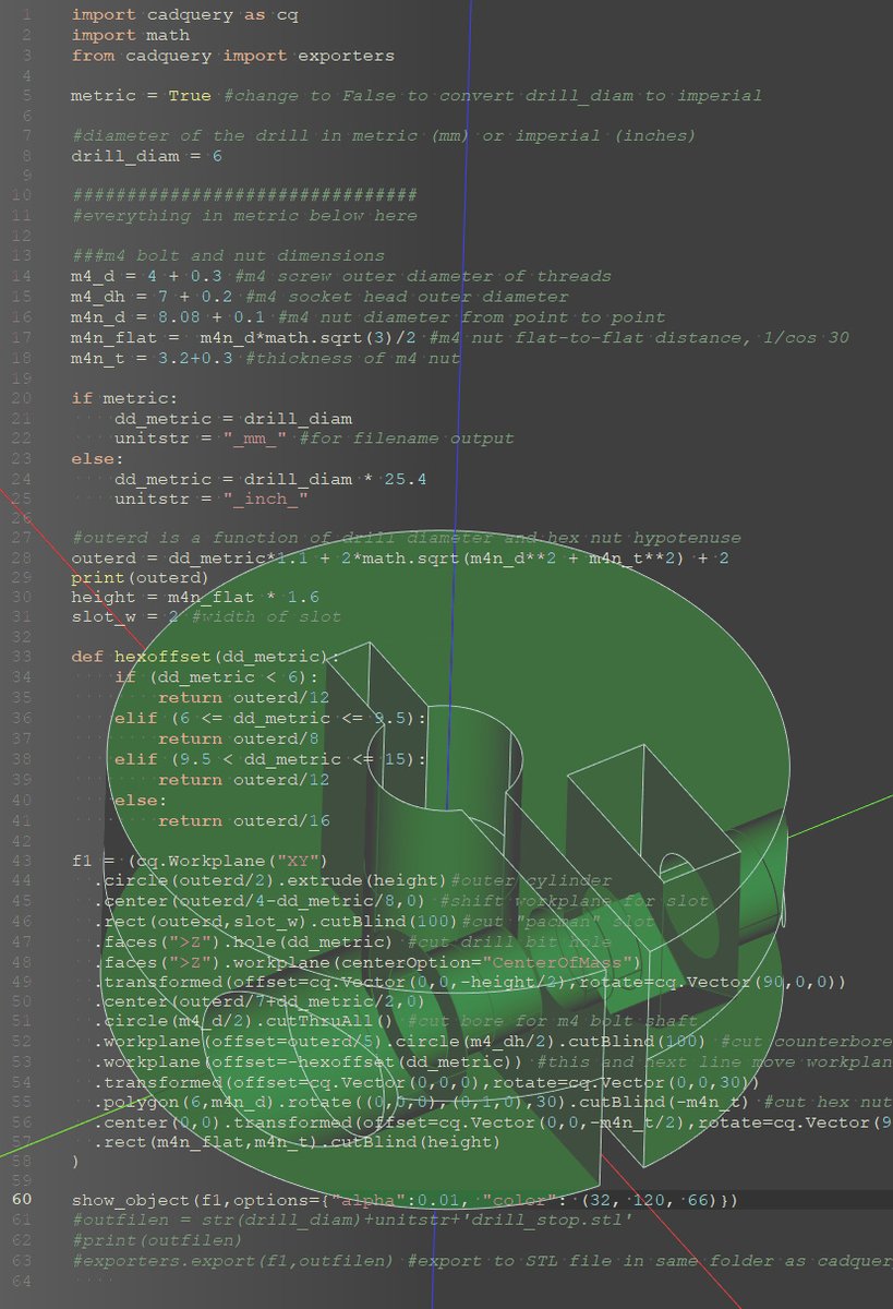 johndegen's tweet image. @IrevDev Just posted new thing on thingiverse made in CadQuery #codecad, thanks for the idea on code overlaid on screenshot!