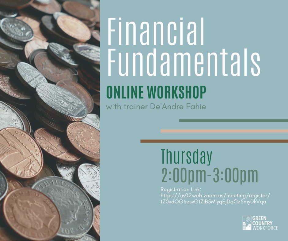 GrnCntryWorks's tweet photo. Join Trainer De'Andre Fahie TODAY from 2:00pm-3:00pm for our 💲Financial Fundamentals💲 free Virtual Workshop!

Click here to Register ➡ https://t.co/s2ce6V8Ysy...

#GreenCountryWorkforce #Workshop #FinancialFundamentals https://t.co/Pc9hX8g65X