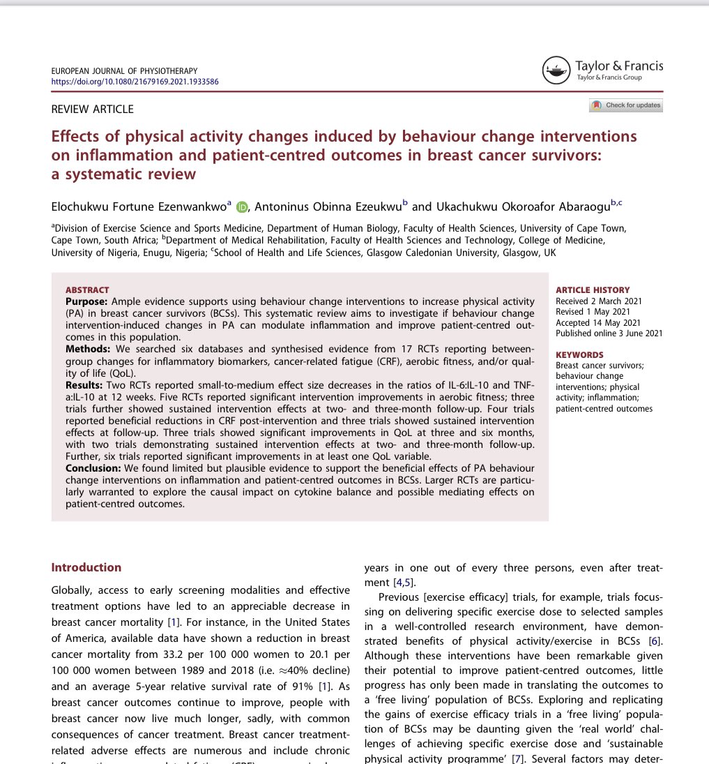 Elochukwu Ezenwankwo (@elo_chuqwu) on Twitter photo New 📄 with my colleague <a href="/uabaraogu1/">Ukachukwu (Ukay) Abaraogu</a>! With #behaviorchange interventions #breastcancer survivors can achieve sufficient #physicalactivity to create cytokine balance, potentially leading to an overall reduction in #chronicinflammation.
tandfonline.com/eprint/SMZBMVI… New 📄 with my colleague <a href="/uabaraogu1/">Ukachukwu (Ukay) Abaraogu</a>! With #behaviorchange interventions #breastcancer survivors can achieve sufficient #physicalactivity to create cytokine balance, potentially leading to an overall reduction in #chronicinflammation.
tandfonline.com/eprint/SMZBMVI…