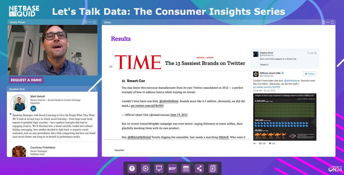 quid_official's tweet photo. Great example from @matt_heindl of @WeAreRazorfish during today's #LetsTalkData series on how they turned negative Twitter sentiment for #SmartCar into a campaign called "Humor the Haters" in which they responded to the buzz kills in fun ways that got major press (in a good way)! https://t.co/Bgq3PMD42k
