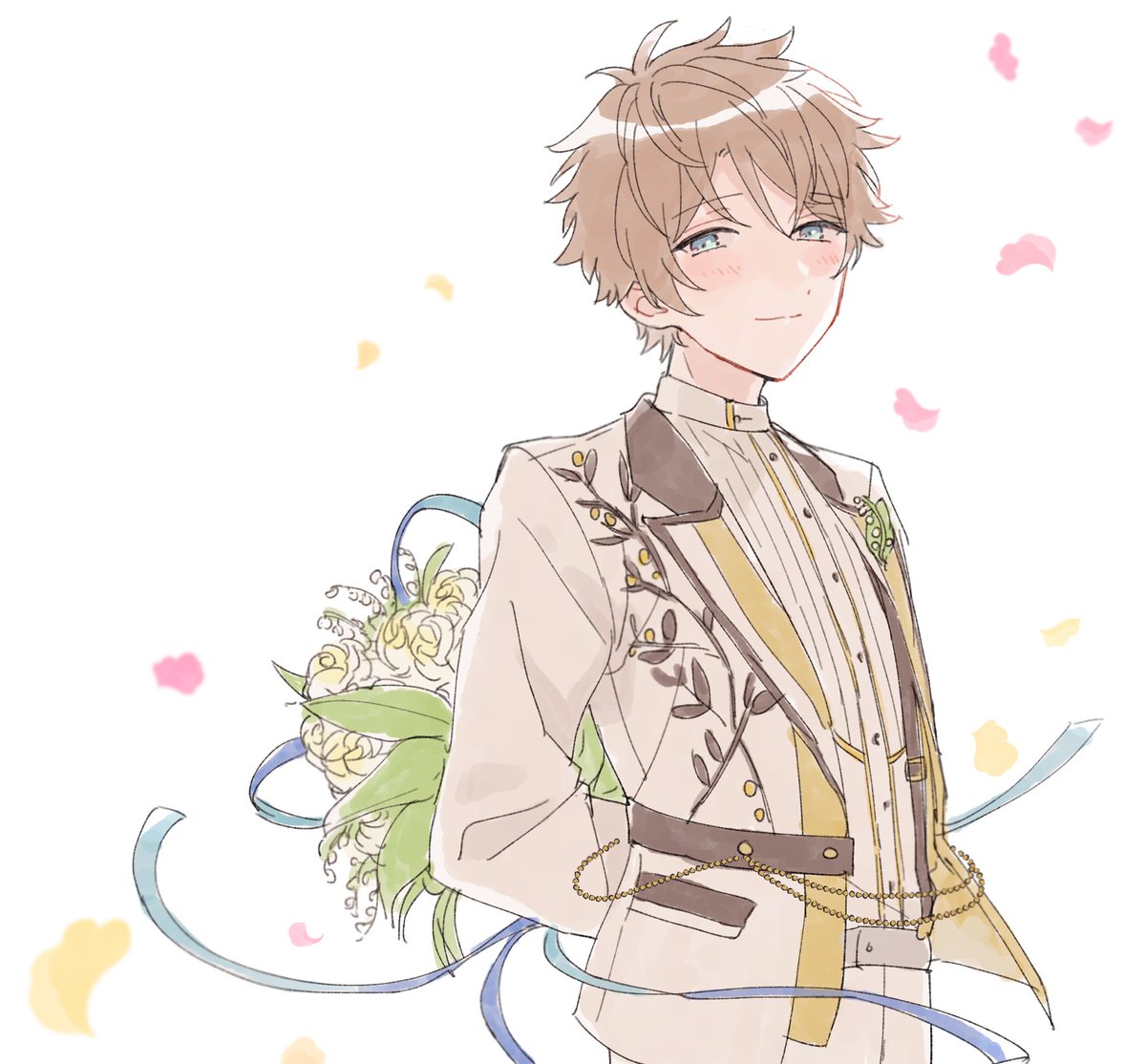 1boy male focus flower bouquet solo smile looking at viewer  illustration images