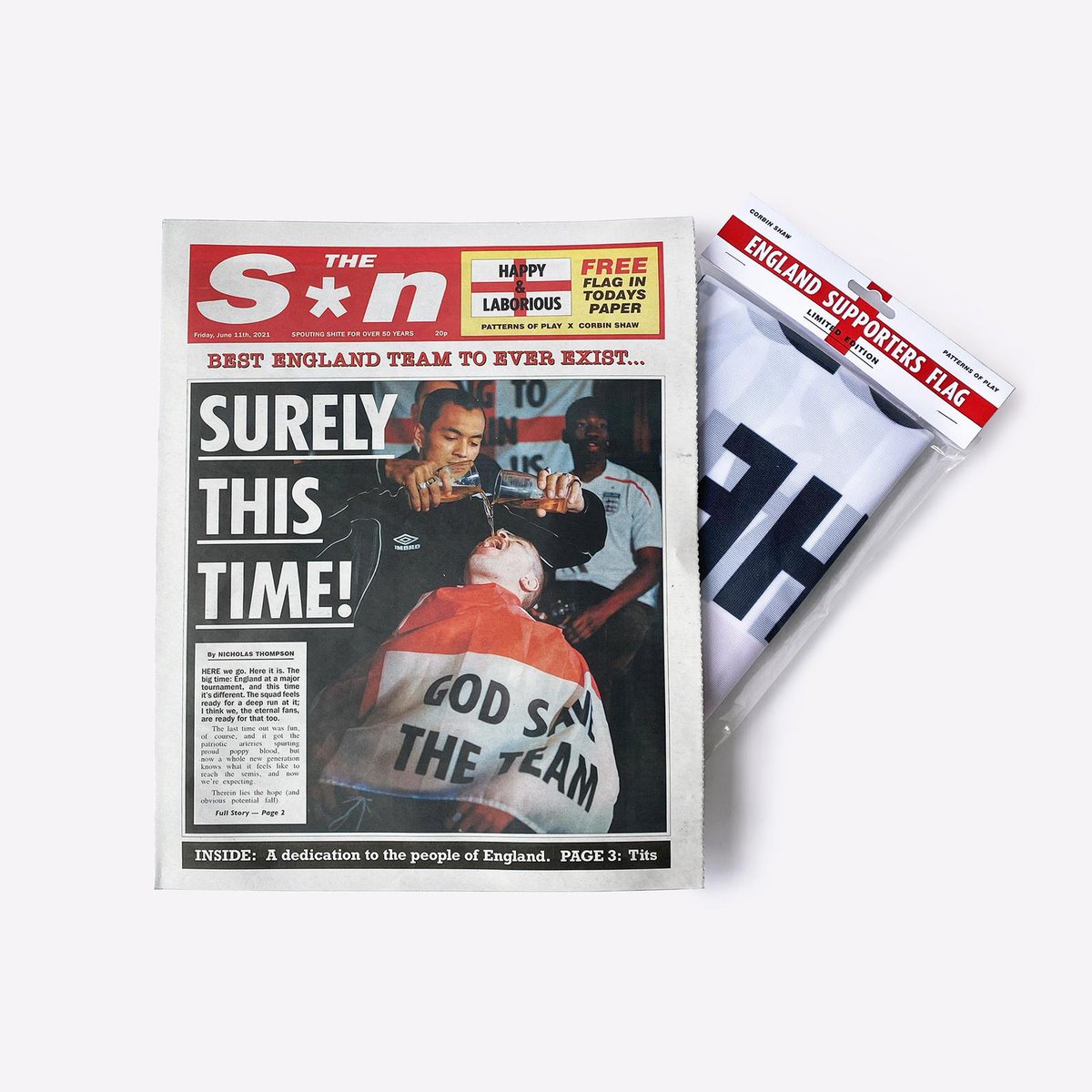 new limited edition piece by artist @corbinshaww x @patternsofplay available to buy on the patterns site at 7pm (in time for the euros). you’ll find my writing on supporting england in the mock ‘sun’ newspaper that comes with each flag. don't buy the actual sun