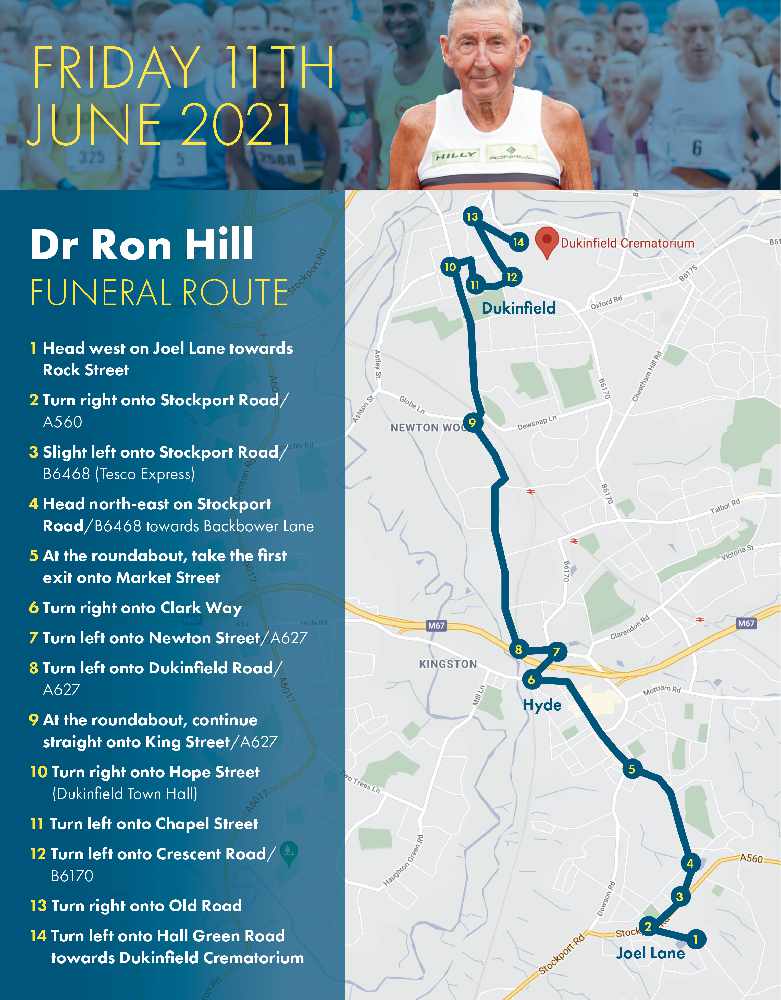 The funeral of Olympic running legend &amp; Tour of Tameside founder Dr Ron Hill MBE will take place on Friday.

Residents are invited to line the route while respecting social distancing. Please don't congregate at the family home or the chapel.

Full details of the route are below.