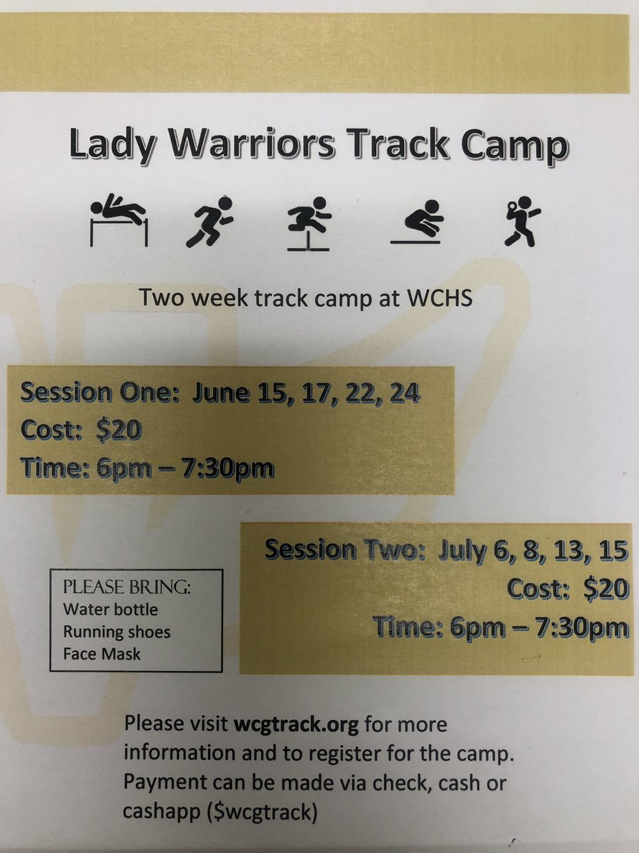 Girls are you looking to get a jumpstart on speed power sprint development?  Please joins us for the Warrior Camp.  Go to wcgtrack.org (summer camp) to sign up.  We will have walk up registration the day of the camp