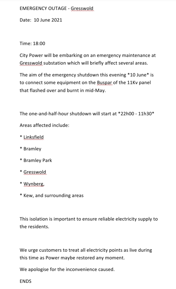 CityPowerJhb's tweet photo. #JoburgUpdates #Gresswold
#EmergencyOutage
City Power will be embarking on an emergency maintenance at Gresswold substation which will briefly affect several areas.^LP https://t.co/TIo3uiEudQ