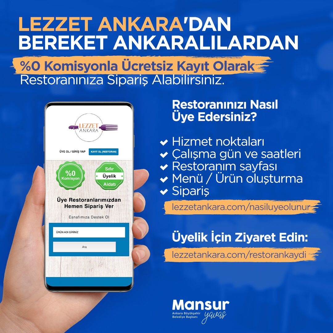 Esnafımızın alın terini korumak adına %0 komisyonla 'Lezzet Ankara' var. İşletmelerimizin menülerini sisteme girmesinin ardından portalımızı sizlerle buluşturacak olmanın heyecanını yaşıyoruz. İş Yeri Kaydı: lezzetankara.com/restorankaydi Kayıt Kılavuzu: lezzetankara.com/nasiluyeolunur