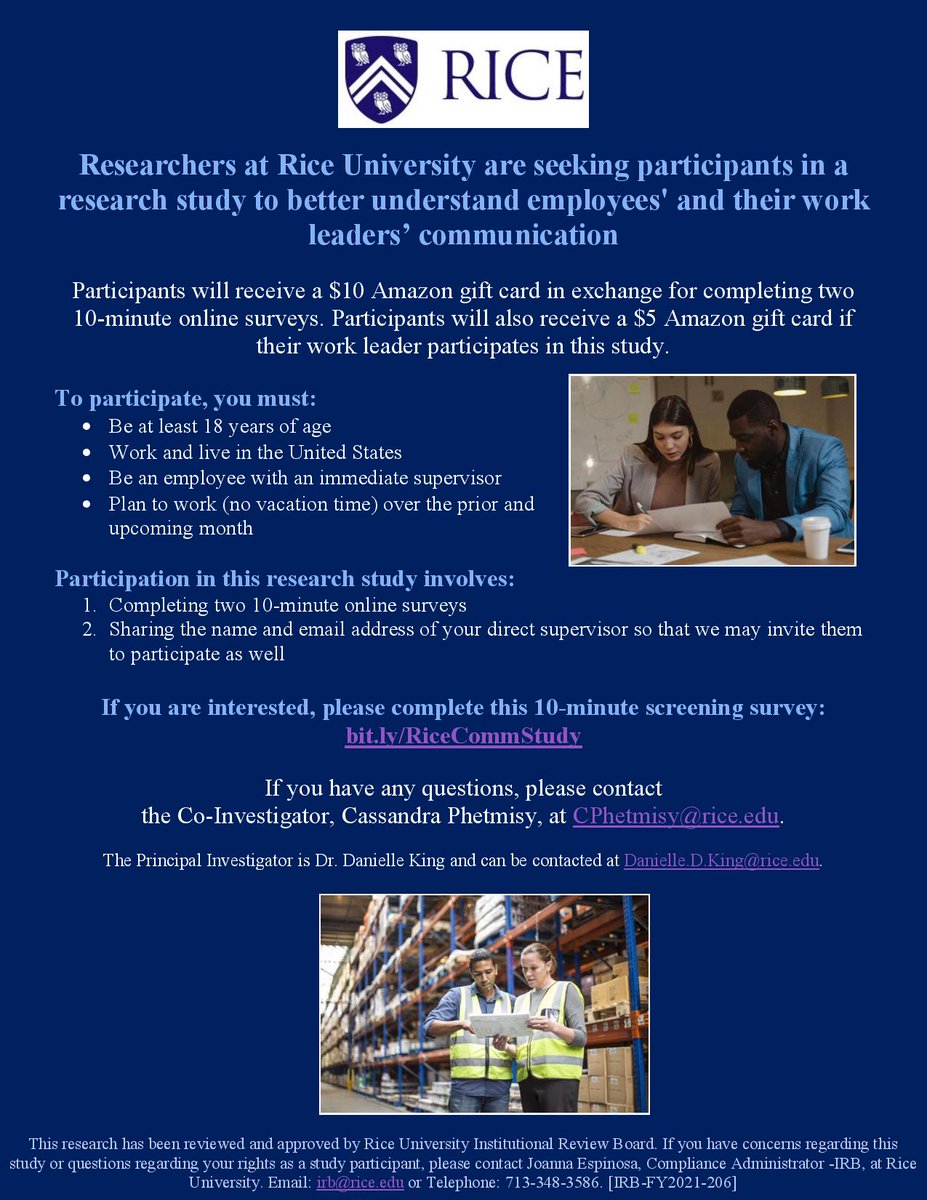 CPhetmisy's tweet photo. **Recruiting participants for an online study to learn about communication between employees and their work leaders**

If you are a supervised employee and 18+ years old, you may be eligible!

If interested, please complete this 10-minute screening survey: https://t.co/SvoE965bP4 https://t.co/8TfSfMXryU