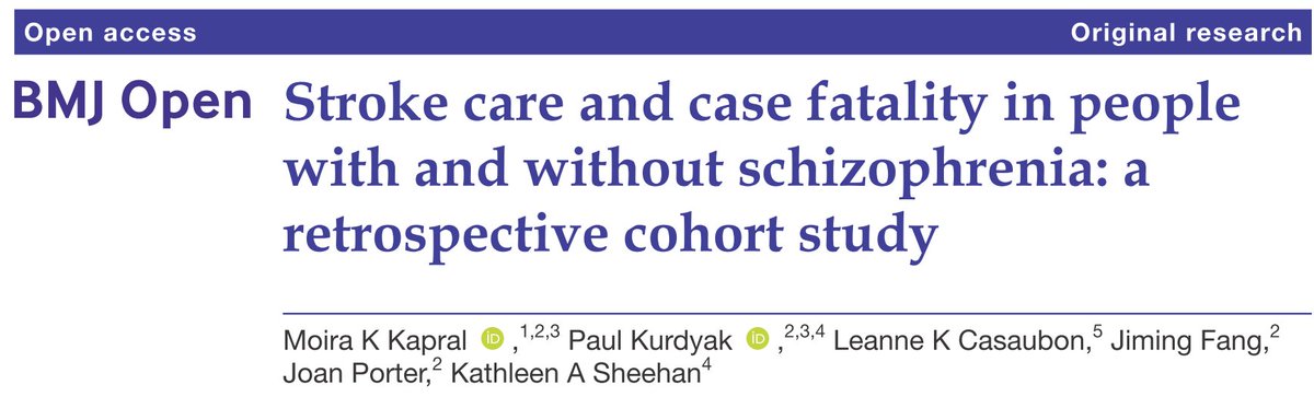 New publication by <a href="/moirakapral/">Moira Kapral</a> @KurdyakP &amp; team <a href="/ICESOntario/">ICES</a> on the association between comorbid schizophrenia and #stroke care and outcomes in <a href="/BMJ_Open/">BMJ_Open</a> bmjopen.bmj.com/content/11/6/e…