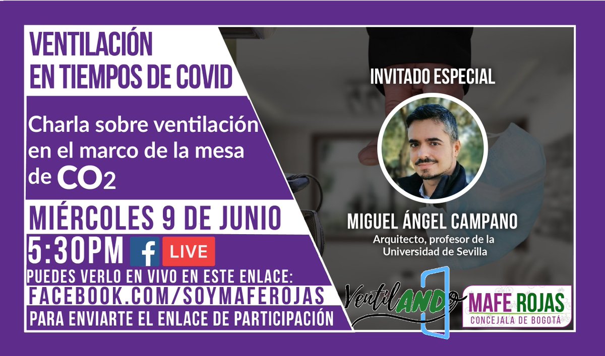 VentilANDo (@ventilandoand) on Twitter photo 🗣️Ya está disponible la charla sobre ESTRATEGIAS DE VENTILACIÓN Y PURIFICACIÓN DE AIRE que impartió nuestro compañero, el profesor <a href="/MA_Campano/">Miguel Ángel Campano</a>, por invitación del Concejo de Bogotá
➡️ Enlace: fb.watch/61_OO-LRa2/
💚¡100% EXPERIENCIA VentilANDo!
#covidco2 #VentilaMideFiltra 🗣️Ya está disponible la charla sobre ESTRATEGIAS DE VENTILACIÓN Y PURIFICACIÓN DE AIRE que impartió nuestro compañero, el profesor <a href="/MA_Campano/">Miguel Ángel Campano</a>, por invitación del Concejo de Bogotá
➡️ Enlace: fb.watch/61_OO-LRa2/
💚¡100% EXPERIENCIA VentilANDo!
#covidco2 #VentilaMideFiltra
