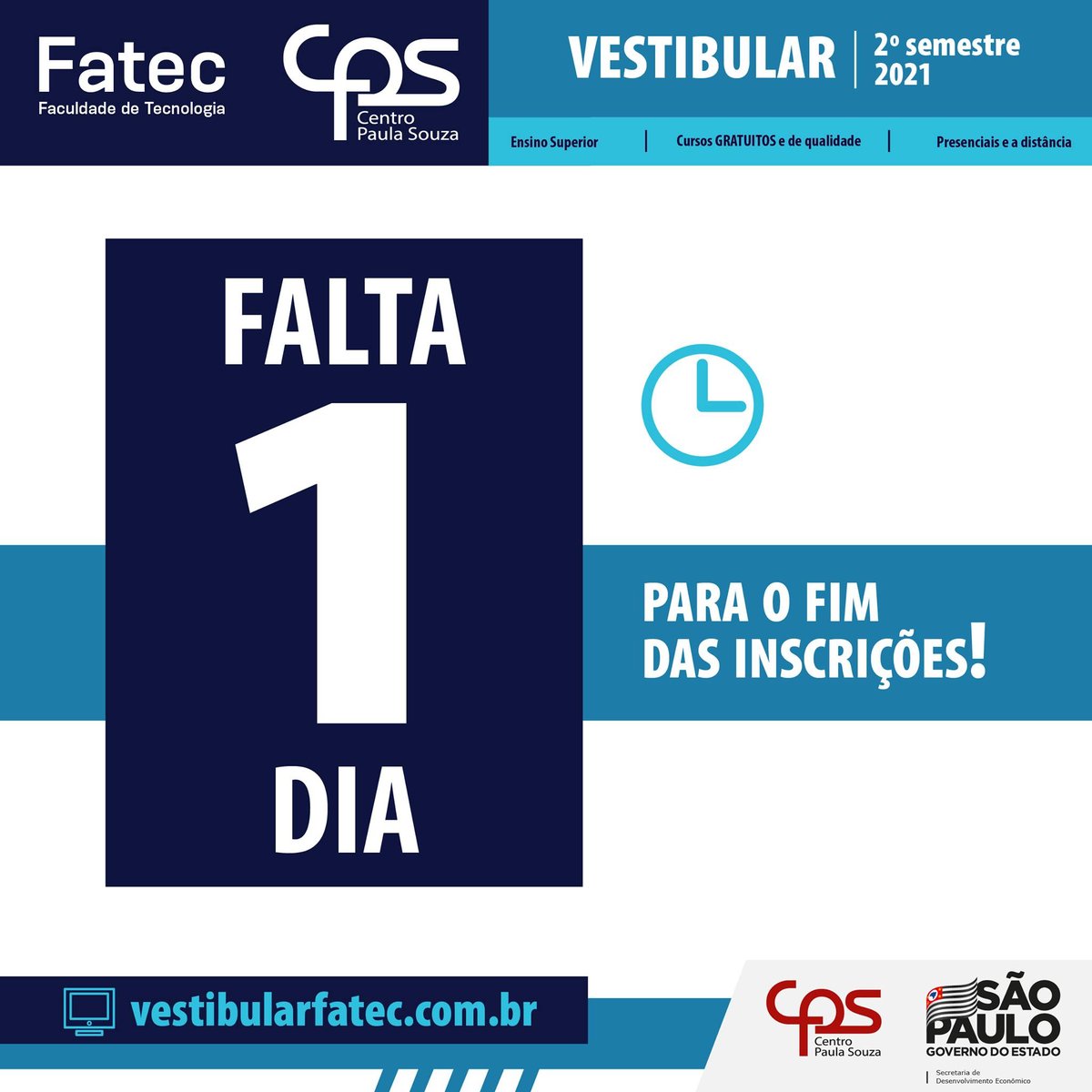 fateccruzeiro's tweet photo. ⏳ Menos de 24 horas para o fim das inscrições do Vestibular das Fatecs para o 2º semestre de 2021!

💻 Inscreva-se no site https://t.co/MTyfAOQgHT https://t.co/IDahMjb8g6