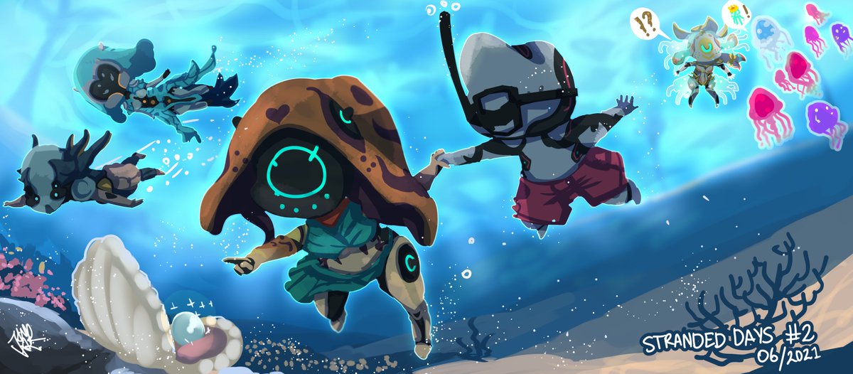 JDMOJor's tweet photo. Stranded days! 
Spend the time with friends or assume direct control of the local jellyfish monarchy.

I... I did the later.
#warframe #seifukuframe #warframefanart #warframedogdays https://t.co/WXRiWlK8Jf