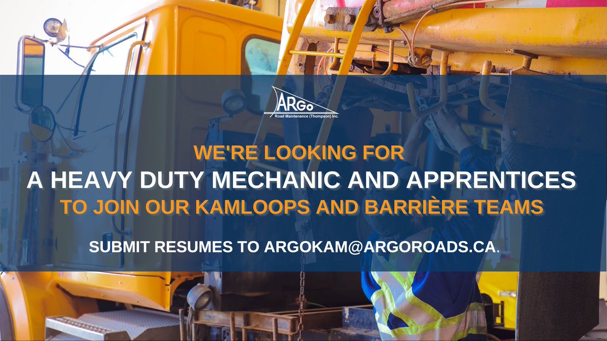 Argo_Thompson's tweet photo. We're looking for two Trade Journeyman Heavy Duty Mechanics, one for our Kamloops mechanical shop + one for our Barrière mechanical shop. We're also looking for apprentices for both locations.
To learn more, visit https://t.co/i1APbQFBj2.
#Kamloops #KamloopsJobs https://t.co/j8lWebdkZM
