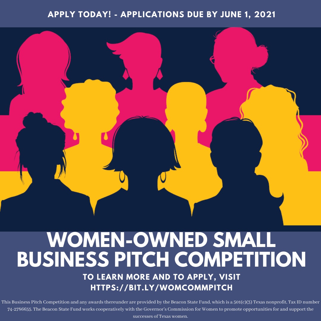 APPLY TODAY, deadline extended to June 30!
The Beacon State Fund, in partnership with <a href="/Texas4Women/">Texas Governor's Commission for Women</a> is hosting a pitch competition for women-owned #smallbiz!

For more information and to apply, visit bit.ly/2SzkDYK