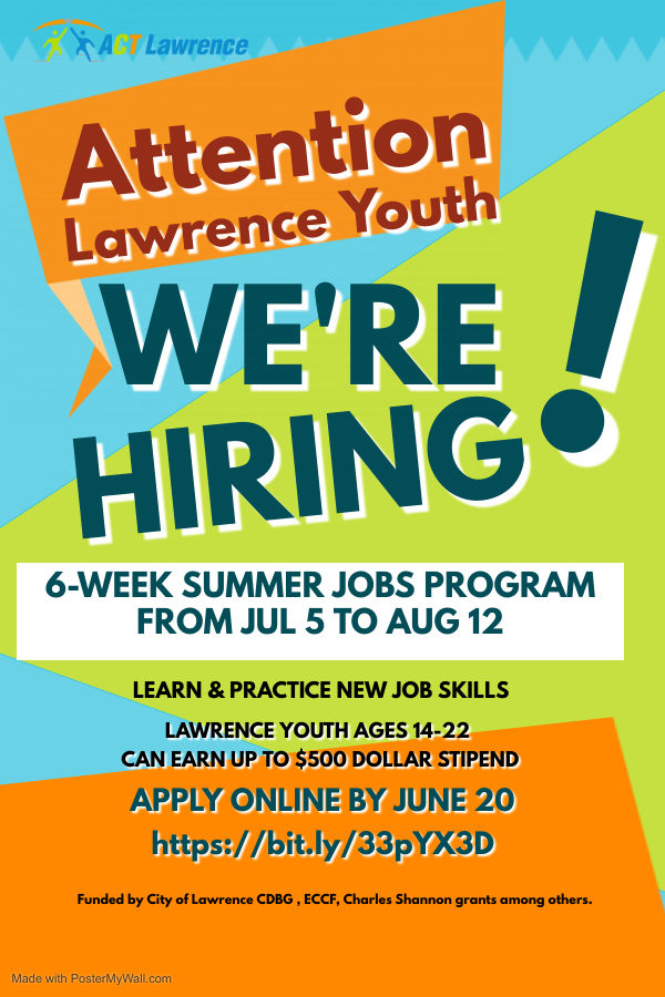 .<a href="/ActLawrence/">ACT Lawrence 🏠</a> is accepting applications for its 2021 Youth Jobs &amp; Leadership Program.

This is a wonderful opportunity for young students to gain valuable employment skills while being able to earn up to $500 for completing program. 

Apply here: shorturl.at/invDH
