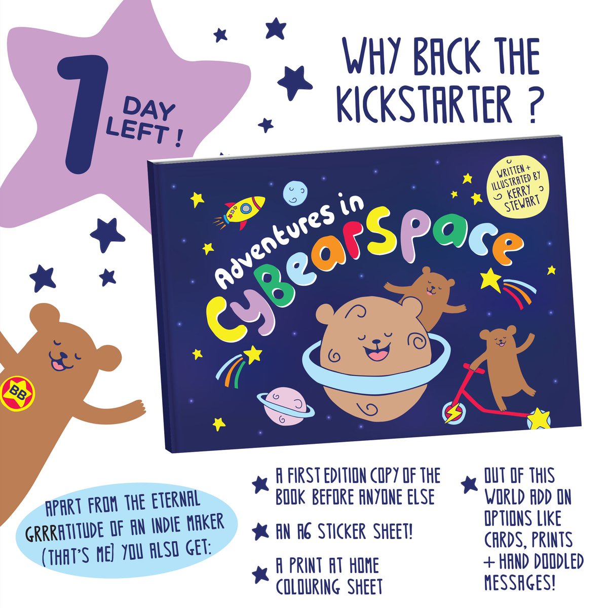 Want to read about bears in space? My #childrensbook Kickstarter has got 15 hours left 😶. If you back it not only do you get the satisfaction of helping an indie maker but you also get a STICKER SHEET and print at home colouring sheet! 

kickstarter.com/projects/ladyk…
#womaninbizhour