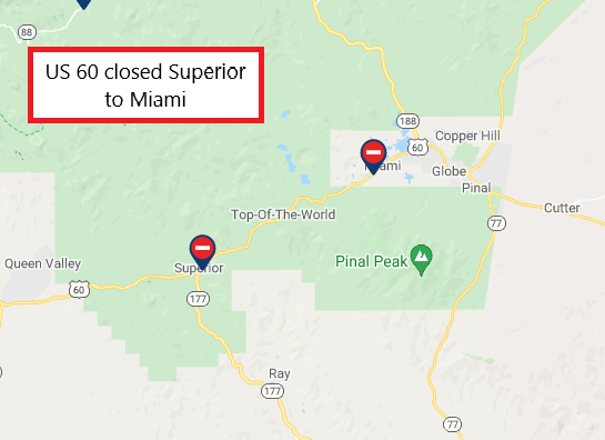 ArizonaDOT's tweet image. *WILDFIRE-CLOSURE REMINDER*

▸ US 60: Superior to Miami
▸ US 180: MP 235-248 north of Flagstaff

Check your route before heading out with AZ 511 &amp;amp; ADOT Alerts apps: bit.ly/3xDbYo6

#TelegraphFire #MescalFire #SlateFire